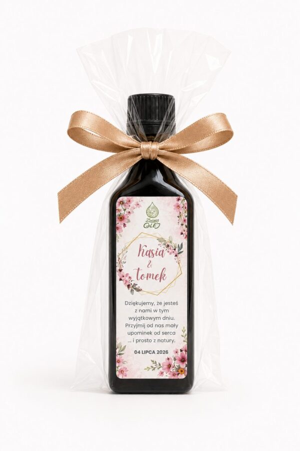 Podziękowanie dla gości weselnych – olej 50 ml, personalizowana etykieta (wzór różowy)